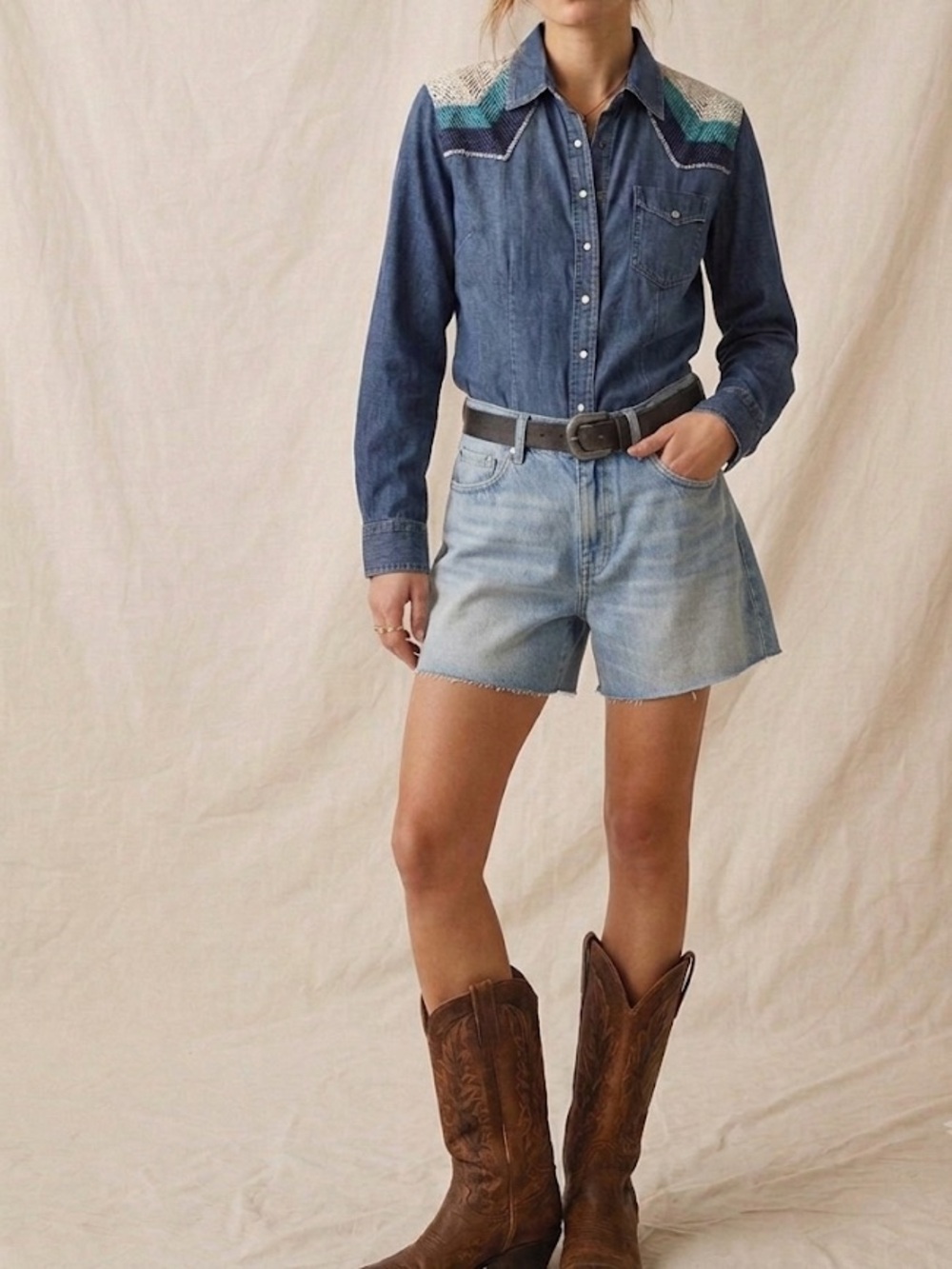 Ariat Denim Button Up Shirt Embroidered Teal Navy Chevron Large Cowgirl Western